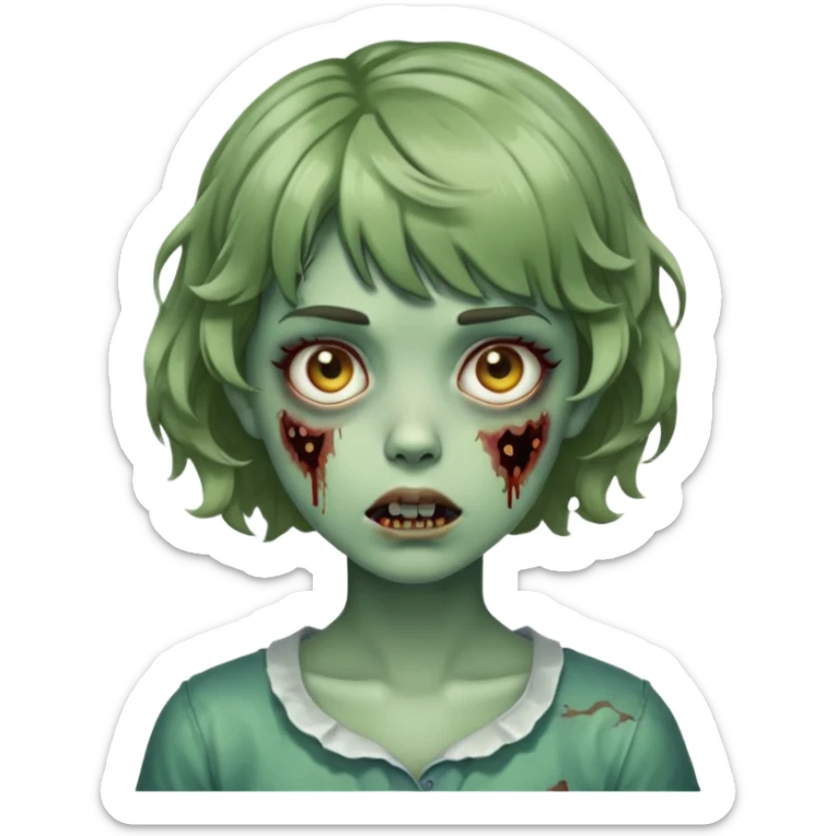 zombie girl with short wavy hair and bangs, greenish skin sticker