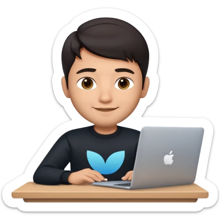memoji of a man, apple-style, modern, dark hair, black sweater, Indian fair skin, small cute smile, sitting at a desk with a laptop, light blue gradient background sticker