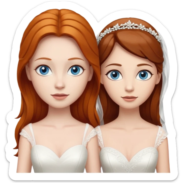 A ginger woman with blue eyes, marrying a taller woman with dark brown hair and hazel eyes, both in wedding dresses. sticker