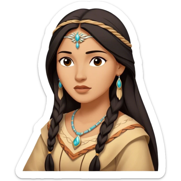 Cinematic Serene Pocahontas Portrait Emoji, rendered in a realistic, simplified vector style. Depict a gentle Pocahontas (chest and above) with warm, glowing skin, loosely flowing dark hair, and a calm, reflective expression, wearing modest traditional attire in earthy hues. The image is bathed in a soft, inviting glow with high shine and a soft glowing outline. sticker