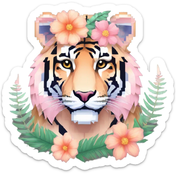Pixel art of a pixel pink peach beige blue cream pastel pixel tiger pixel lion wearing tropical flowers and leaves, flower crown, floral, pixel sticker