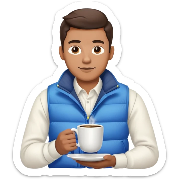 man wearing long sleeve white shirt with blue puffy winter vest holding a cup of coffee in front of him sticker