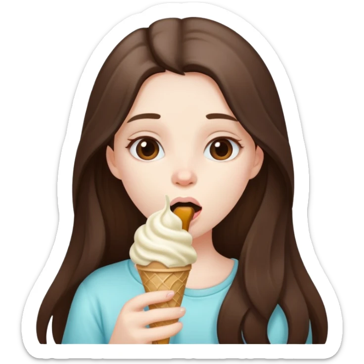 beautiful pale brunette girl with long hair eating an ice cream mouth closed sticker