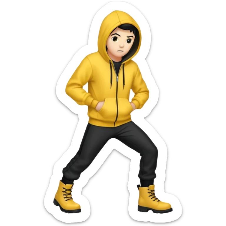 Invincible but whering a yellow hoodie and the mouth covered whering black pants and black boots sticker