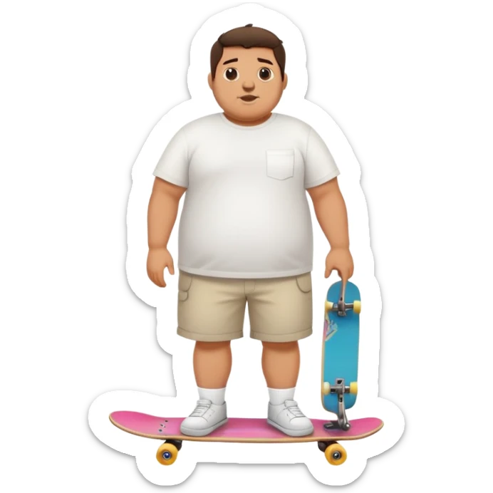 Full body chubby Mexican man with a skateboard from the city in shorts and a white tshirt sticker