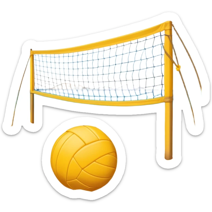 The scene captures the relaxed yet competitive vibe of beach volleyball, with warm sunlight and the natural beauty of the beach. A volleyball resting on the yellow sand on a beach, with the net in the background and a scenic view of the ocean and sky.  sticker