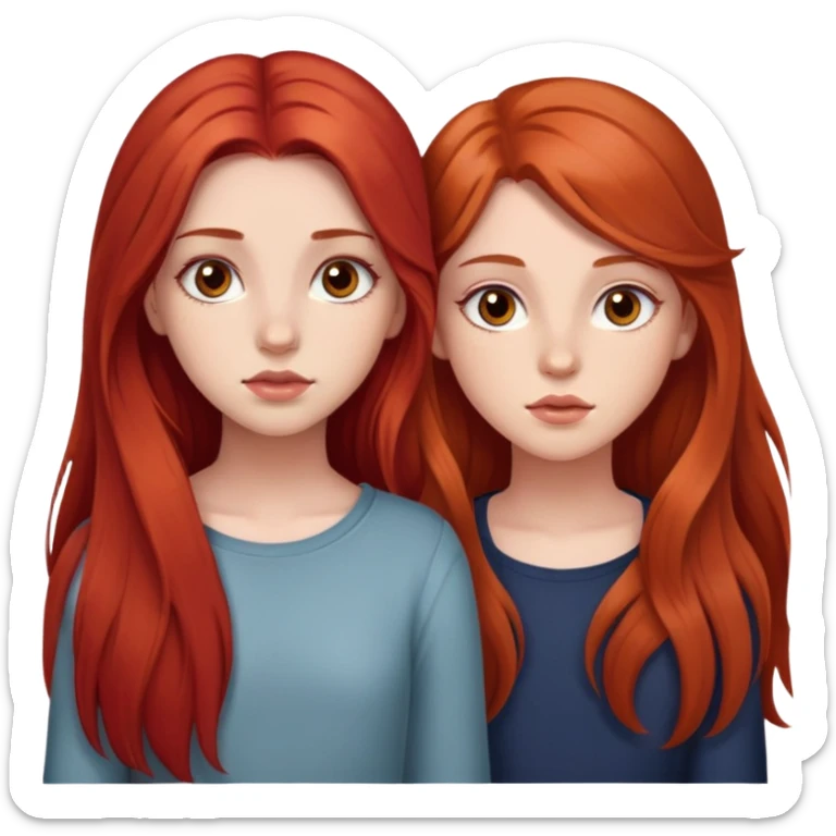 two girls, they are 18 years old. The first girl has long red hair, no bangs, and rough eyes. The second girl has long brown hair and brown eyes, large eyelashes, plump lips sticker