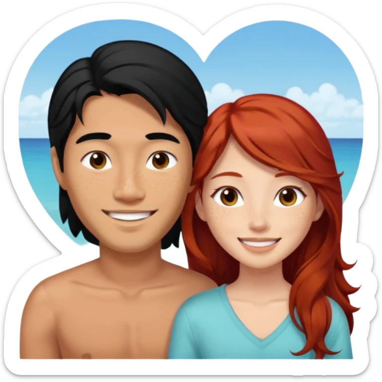 long black haired asian man in love with redhead girl in fiji sticker