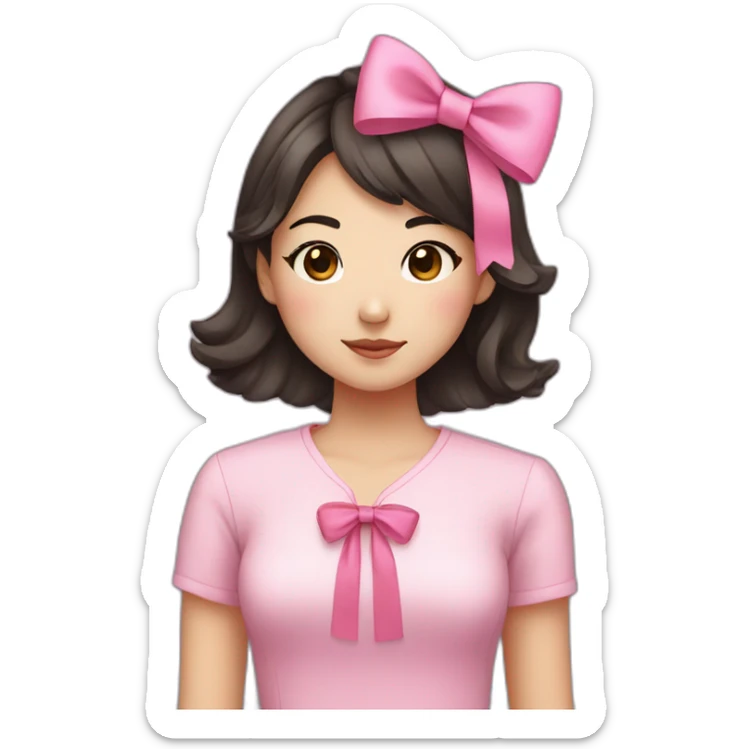 25 year old chinese american girl who loves bows and pink with dark brown hair and a round face sticker