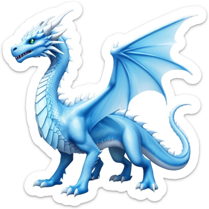 Cinematic Noble elegant Ice Dragon full body Emoji, Poised and imposing, distinct long elegant snout, with a slender, scaled body shimmering in glacial hues of icy blue, frostbitten silver, and crystalline white, breathing out frost, with piercing, glowing eyes that radiate the chilling depths of an arctic storm; rendered in detail. displaying its wings sticker