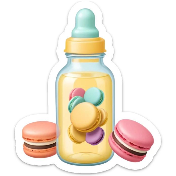 A cute baby bottle with a light yellow nipple and cute stickers on the bottle body. Macaron color palette sticker
