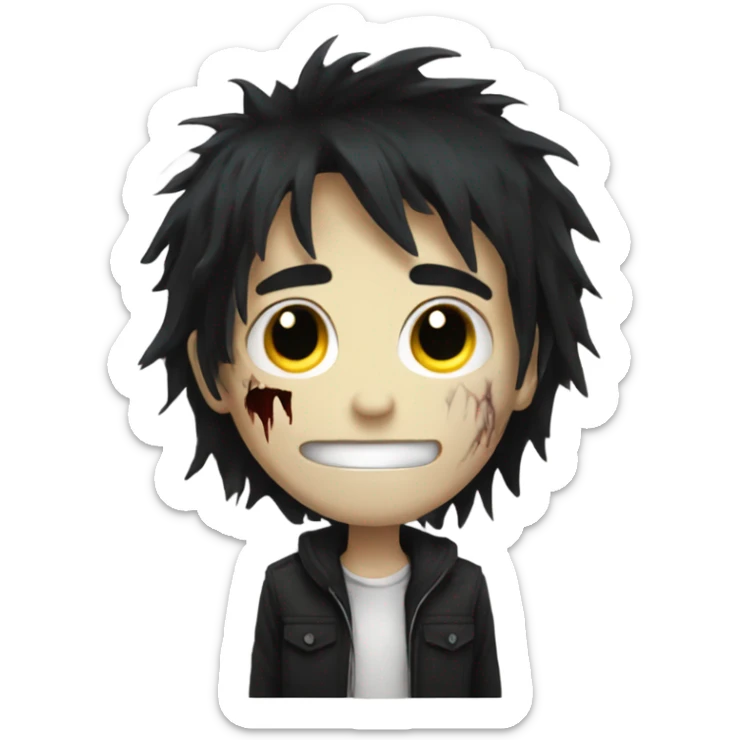Boy, black hair, medium long, emo, shaggy, blonde highlights, zombie emoji, pale skin, creepy sticker