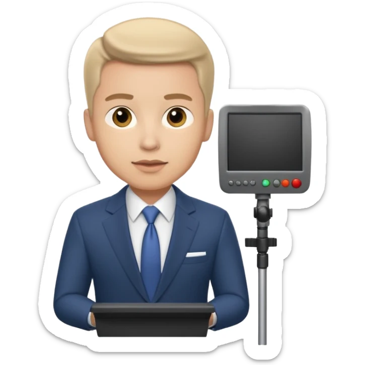 a male news anchor sits, with a screen with a prompter in front of him sticker