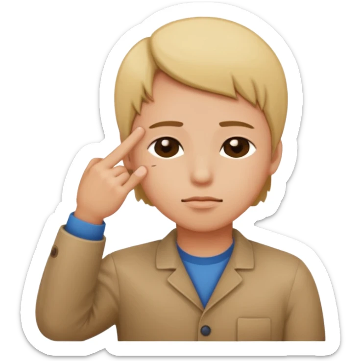 Una persona tocándose la cabeza por la 100 con un dedo índice y los ojos serrados  sticker