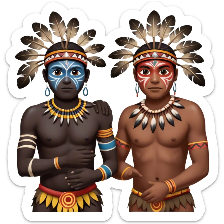 Cinematic Realistic scene of two indigenous male aboriginals performing an Aboriginal Corroboree, adorned in traditional body paint, A corroboree is an Australian Aboriginal ceremonial meeting. It usually includes celebration of Aboriginal mythology and spirituality, which is based in the Dreaming sticker