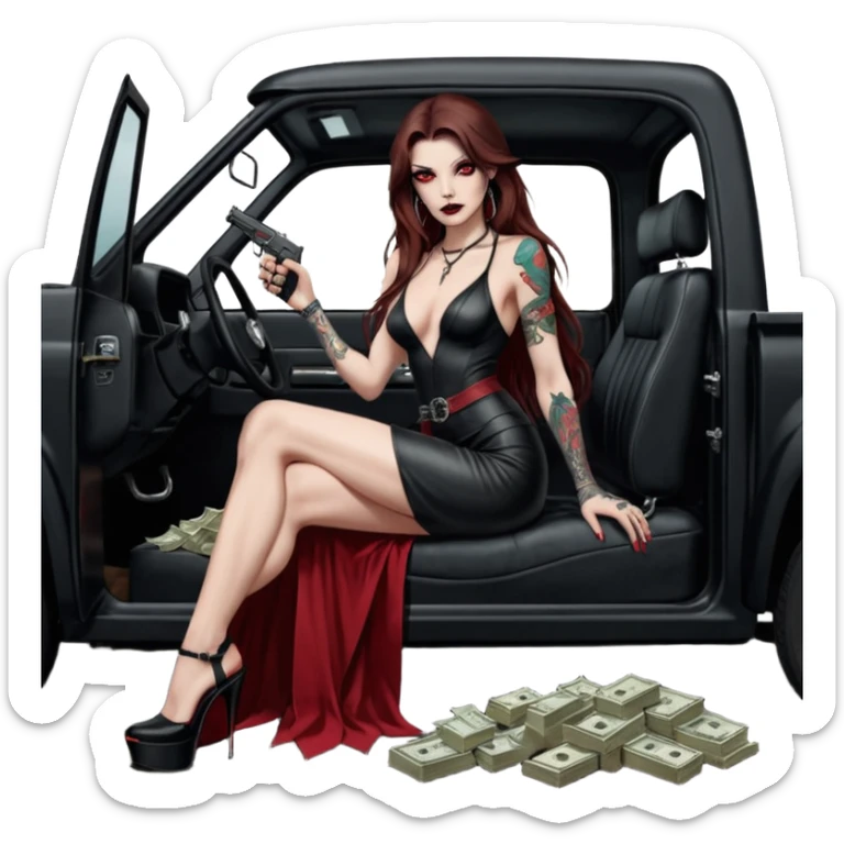 Lilith symbol red eye seductress evil long brown haired sexy succubus woman with leather long dress with slit, sitting in Big Large F350 pickup truck. Black Platform high heels on feet. Tattoo sleeve arms, seat full of stacks of cash, and a man dead human skull of her enemies and a gun in other hand sticker