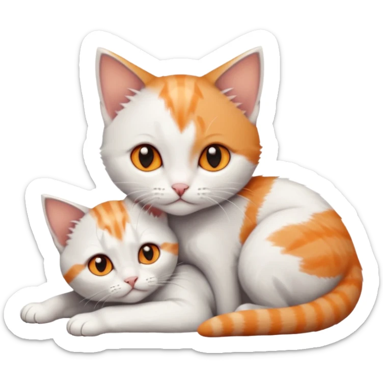full body of very small + skinny ginger and white kitten with deep orange eyes and triangular shaped face lying down cuddling a grey and white kitten who is a bit bigger than him sticker