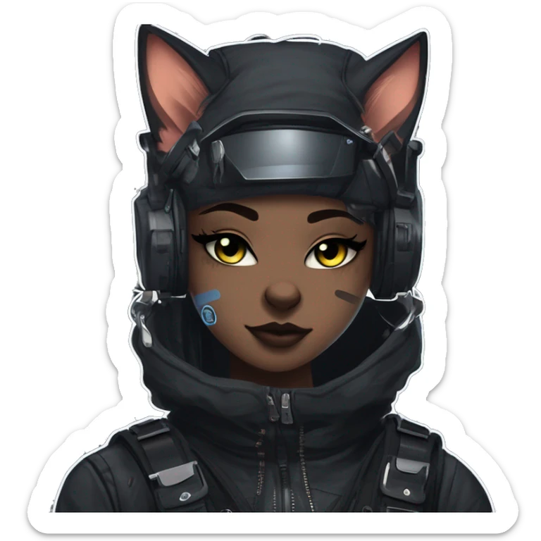 Gorgeous dark techwear cyberpunk style sona anthro cat, aesthetic, and pretty edgy black with collar and harness, trending style sticker