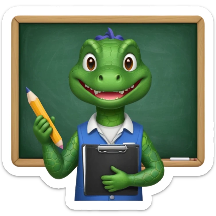 A 1960s style image of a gator with a clipboard and a pencil in front of a chalkboard sticker