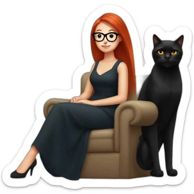 woman with long straight red hair and black-rimmed glasses, in a dress, sitting in an armchair, with a black cat on her lap sticker