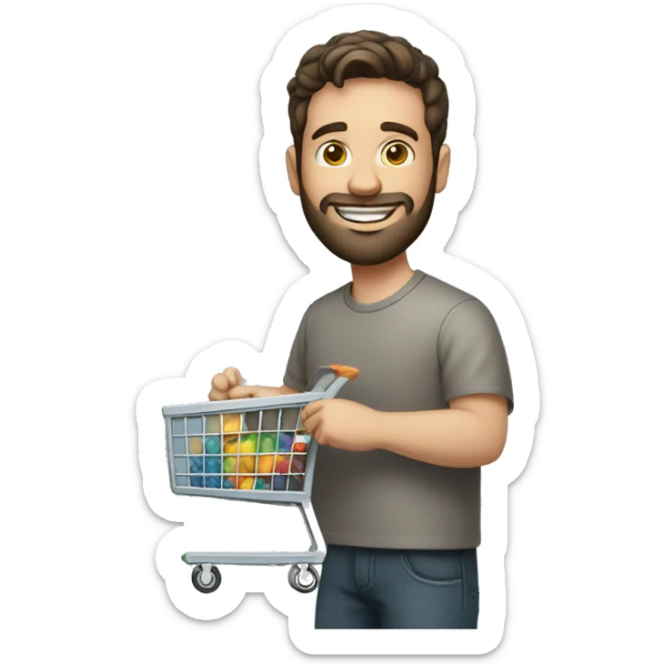 white man, bearded with short dark hair holding a product cart and smiling sticker