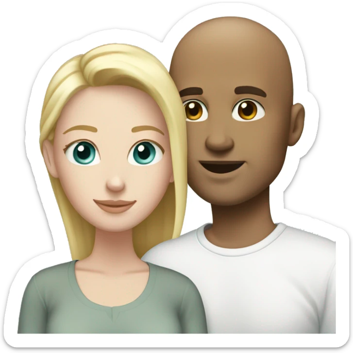 Loving white couple. White Male = bald, 35, light aqua eyes. Female = long blonde highlights, light aqua eyes sticker
