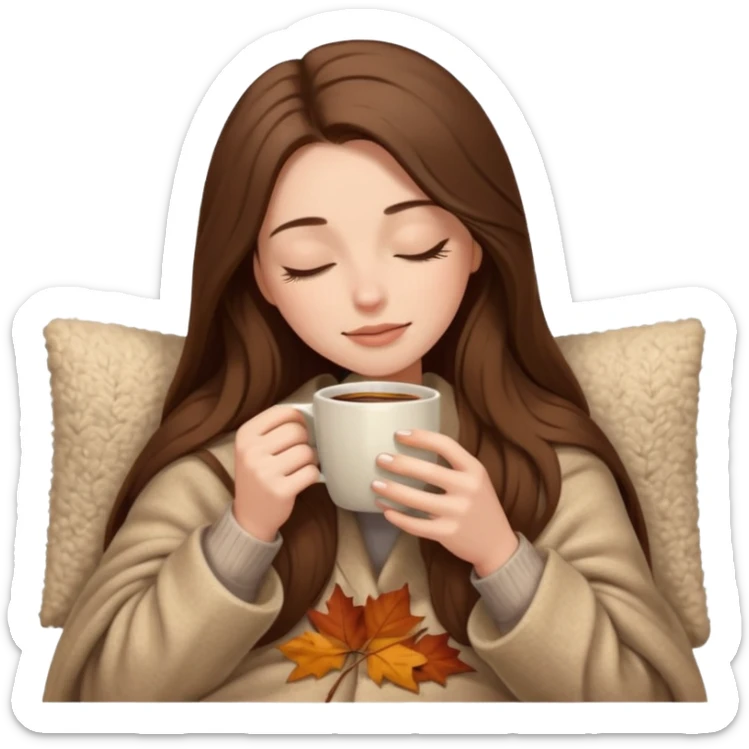 long brown hair woman closed eyes hiding under a cozy wool beige blanket, holding cup of coffee, autumn mood sticker