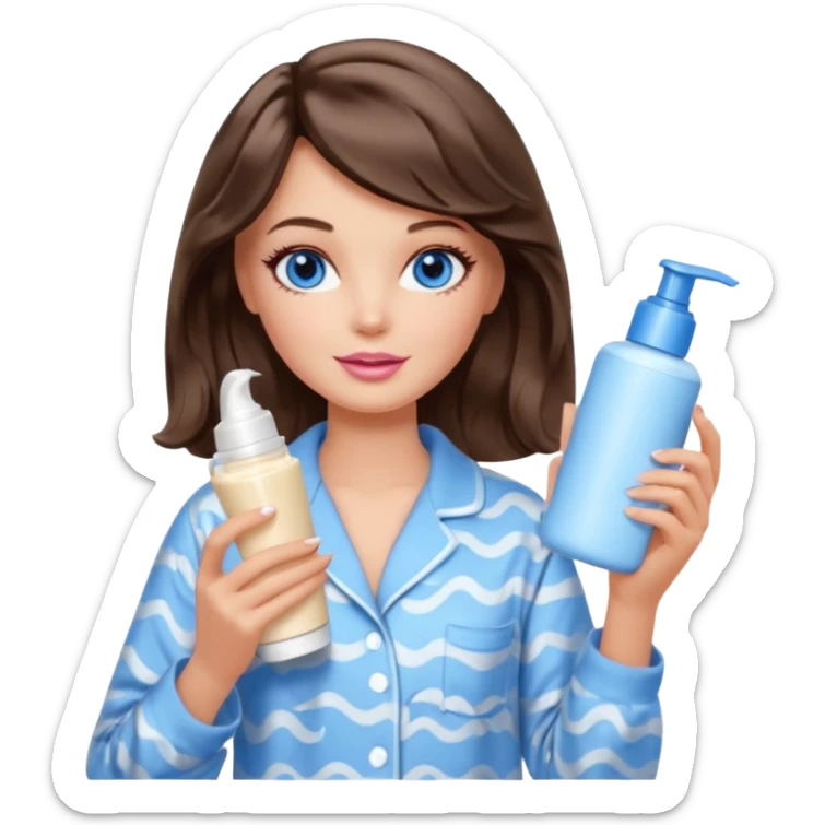 Barbie girl with makeup, blue eyes , and bob long haircut wavy, short brown hair in creamy color pajamas, face cream in hand sticker