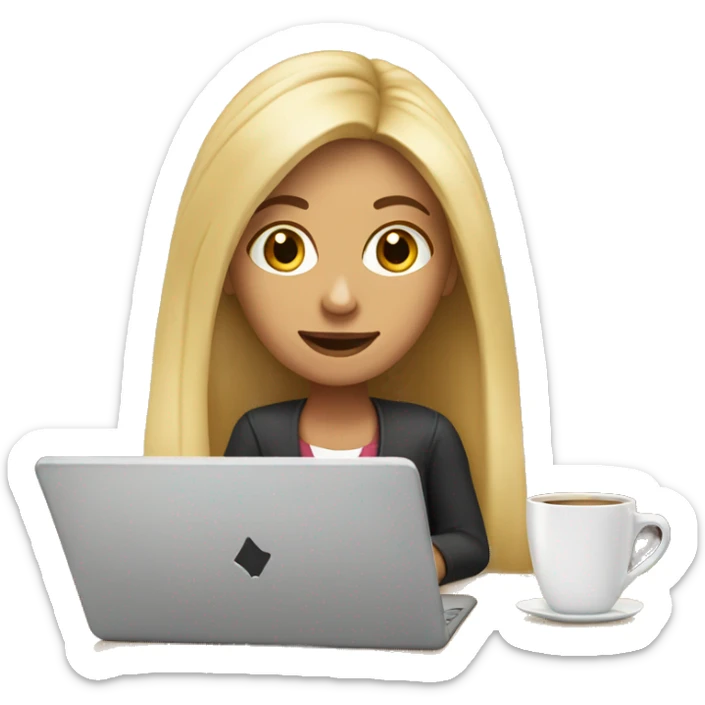 woman with long blonde hair sitting in cafe with laptop sticker