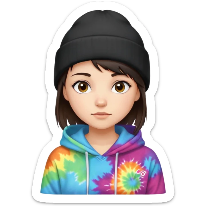 shaved haired brunette girl with a black beanie on and a tiedye hoodie. please make her hair even shorter but a side bang sticking out of her beanie sticker