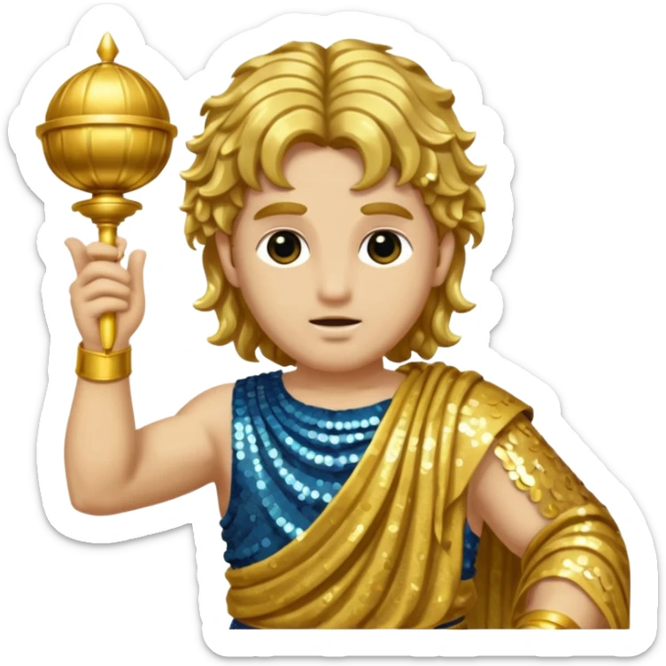 Mercury from Roman Deities with long gold wavy hair, gold sequin toga sticker