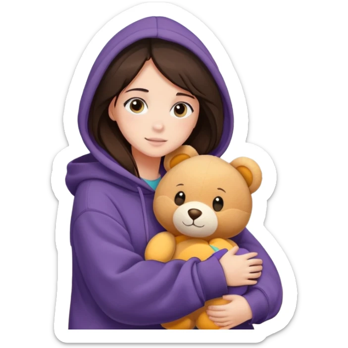brunette girl in oversized hoodie, hugging a plush toy by the window sticker