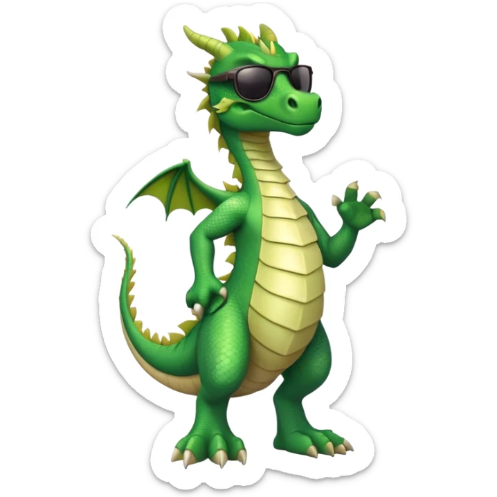 friendly anthropomorphised green dragon in a sports t-shirt and jeans wearing dark sunglasses walking upright sticker