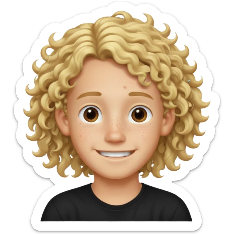 blonde boy with long curly hair past his ears, smiling, wearing a black shirt with freckles sticker