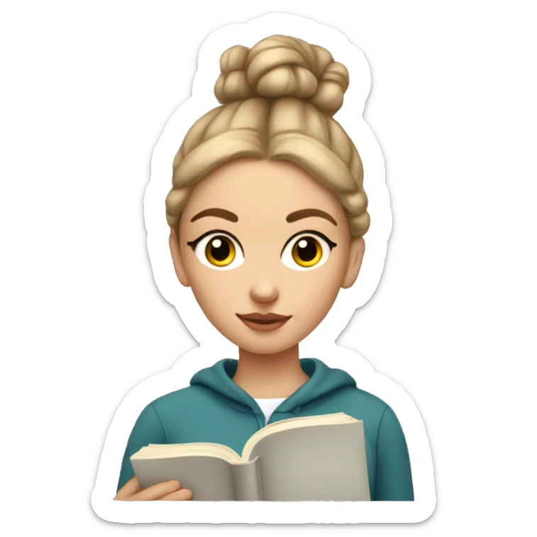 White girl Girl with bun in sweatshirt and sweatpants reading a book sticker