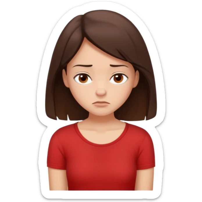 "Cartoon emoji of a young brunette woman with fair-medium skin, brown eyes, wearing a simple red top. Portrait mode, slouched, looking down, overthinking and insecure. Small frown, worried eyes. Smooth, friendly, stylized, Mary Jane–like appearance." sticker