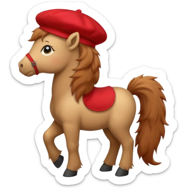 A cute pony (horse) emoji, full body, standing in side view, wearing a stylish red beret. sticker
