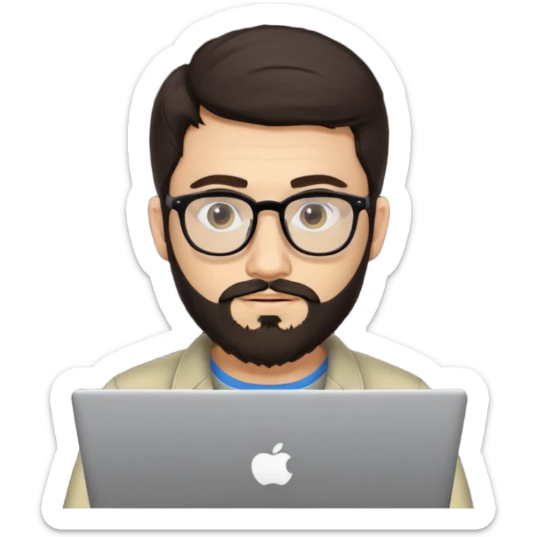 23 year old Azerbaijani man with very dark brown hair and beard with glasses and laptop , light yellow skin face sticker