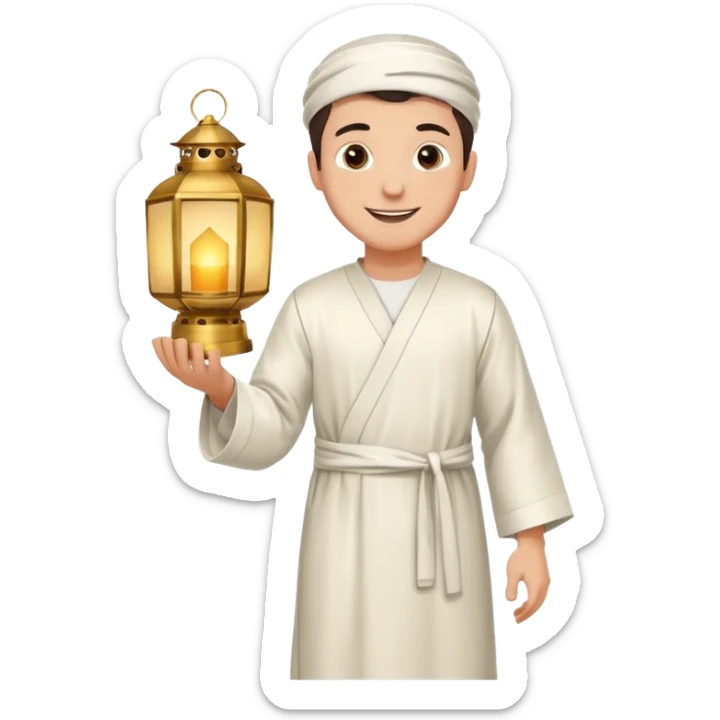 Young man with a happy smile, wearing a traditional white thobe and holding a lantern. sticker