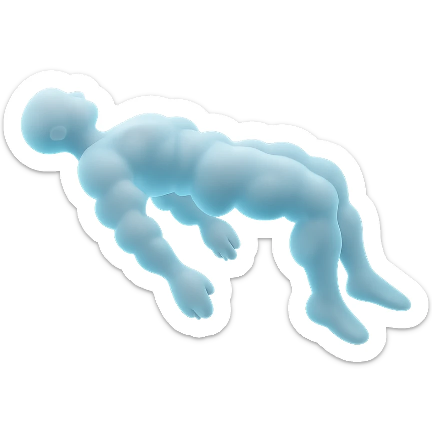 side view of unconscious person flying torso up, legs and arms down, made of small very bright white fluffy convex clouds with light blue glow, matte glass style sticker