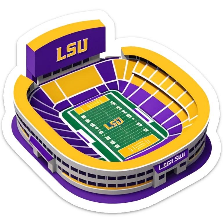 Tiger Stadium LSU football stadium emoji, exterior architecture, purple and gold color scheme, simplified field visible sticker