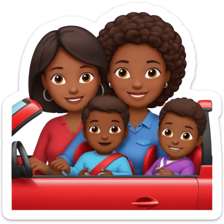 Dark Skin mom with two children, one young boy and a baby girl in a car red sticker
