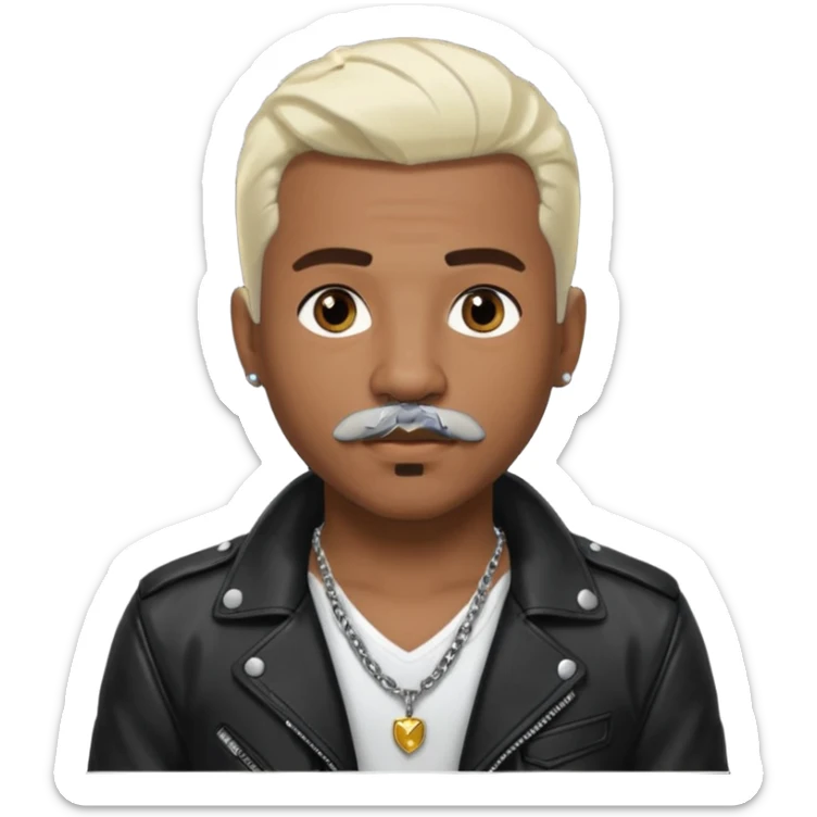 Sisqo, medium dark skin, brown eyes, platinum blonde hair and mustache, black leather jacket with chest and necklace sticker