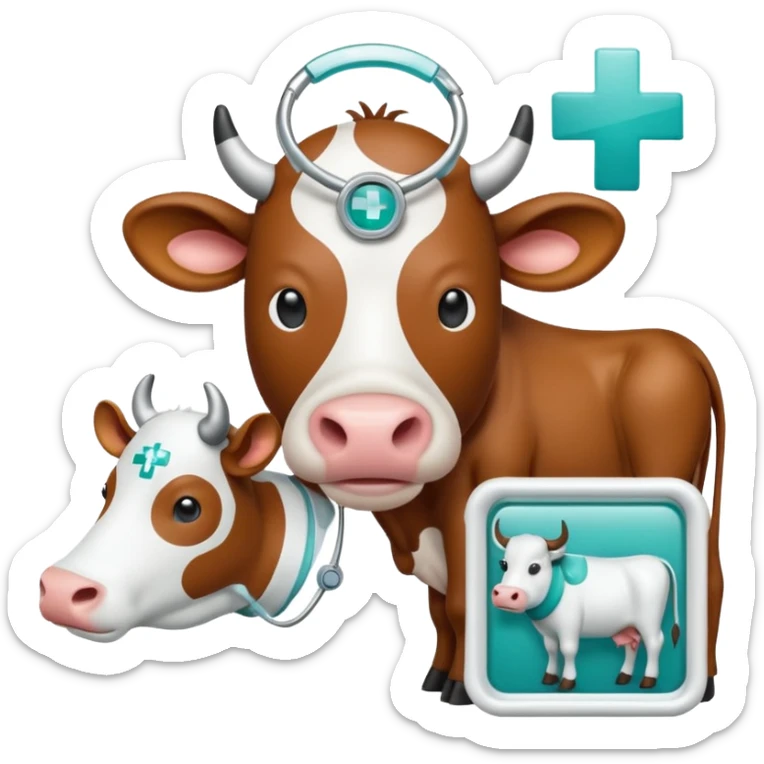 Emoji-style icon of a cow and buffalo with a medical cross and scan frame overlay, representing disease detection and health analysis. Friendly, clean, rounded design, clear at small sizes, teal and white accents, no text, transparent background. sticker