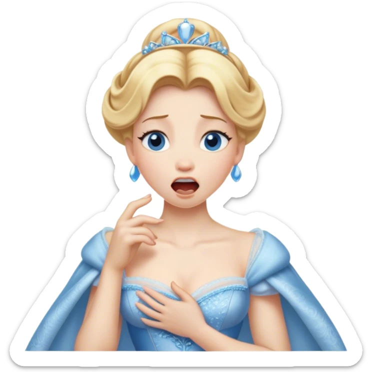 Cinematic Realistic Yawning Cinderella Portrait, showcasing lifelike porcelain skin and intricately detailed golden-blonde hair styled flawlessly as she mid-yawn reveals a moment of tender vulnerability. Her half-closed blue eyes and relaxed expression are rendered with natural, soft lighting that emphasizes the subtle textures of her face and the detailed, flowing fabric of her iconic gown. The scene glows with a cozy, authentic warmth that captures a rare, intimate moment of repose. sticker