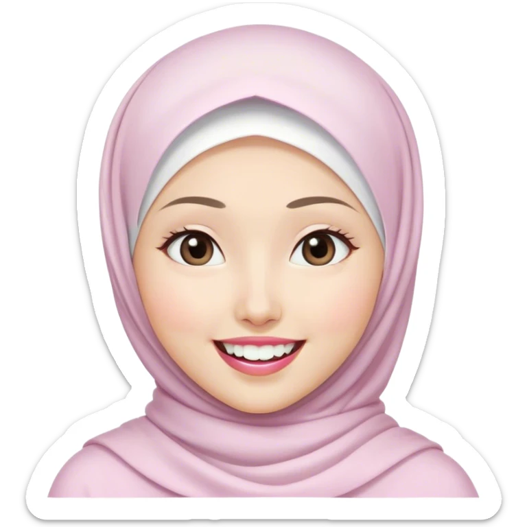 an Asian white woman with a white hijab, her face is small, her lips are pink, her eyes are shining, her face looks happy which shows her white teeth, her eyes are also smiling sticker