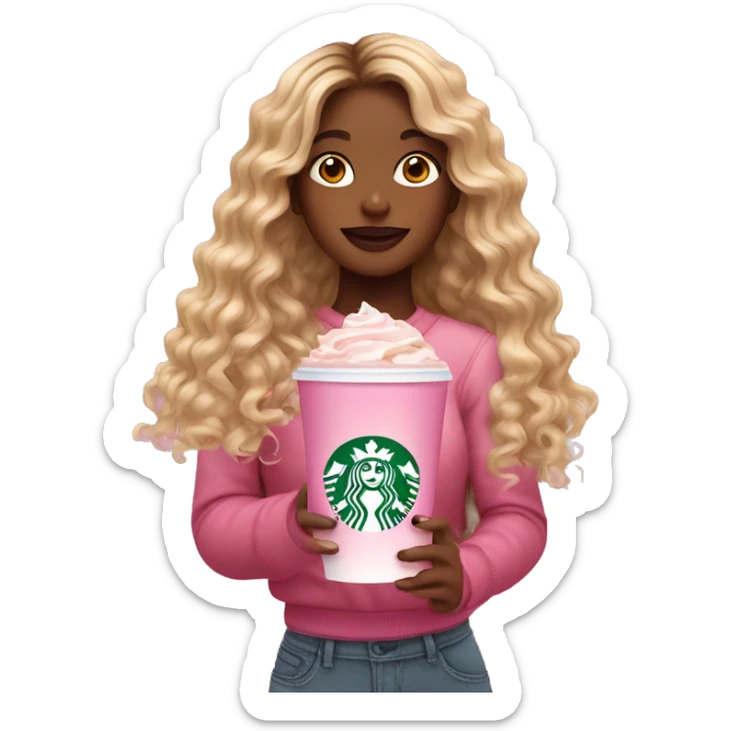 girl with brown and blonde ombré long curly hair holding Pink starbucks refresher sticker
