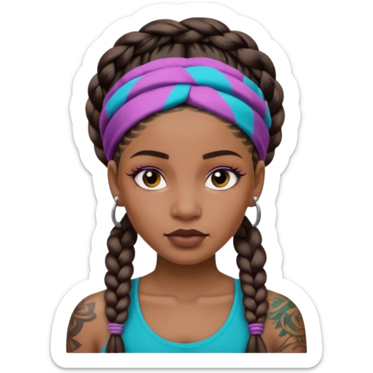 big lose braids starting from the top of the head woman face wiith big visible braids and mono color headband on head  face and braids as big as headband and lots and lots of face tattoos colored tattoos like a tattoo artist hair unique color sticker