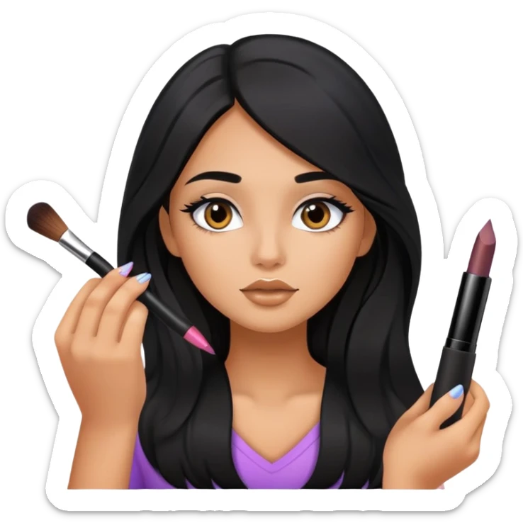Girly girl young, cute girl, tanned long black hair, putting on makeup sticker