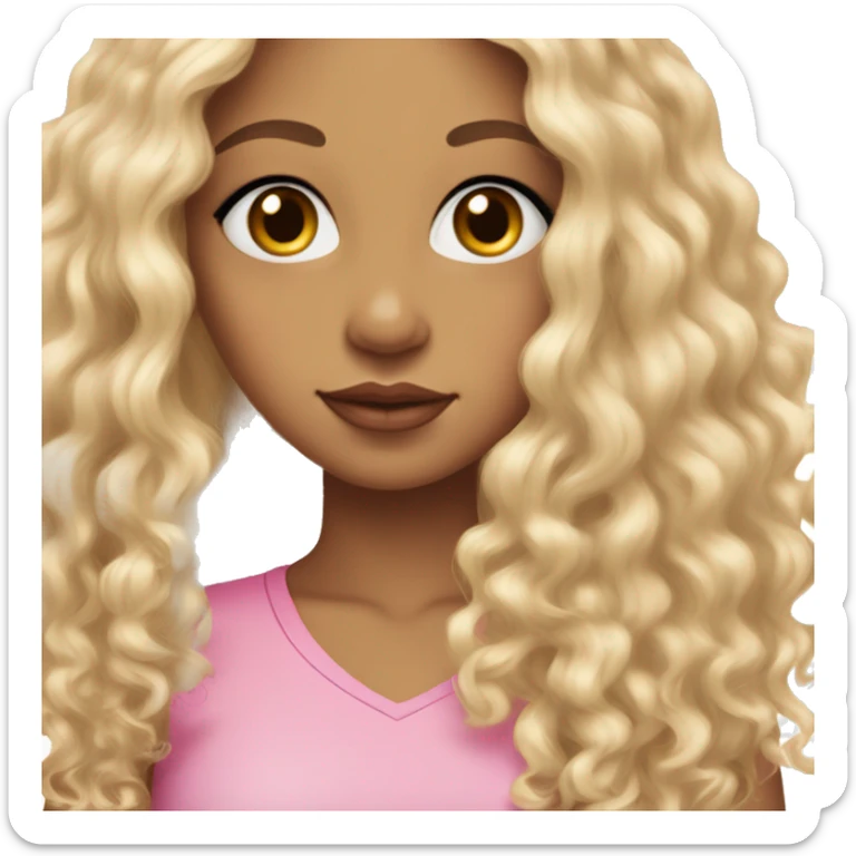 biracial girl with curly blonde long hair, full pink lips, small nose, almond shpaed brown eyes and a pink shirt sticker